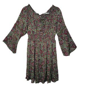 Torrid Challis Skater Dress Womens 0X Green Paisley Floral Long Bell Sleeve Off